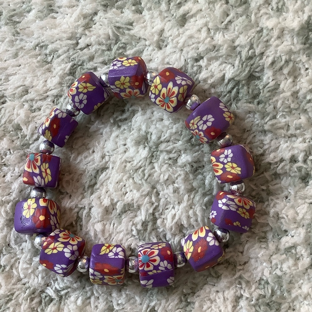 Purple Femo Handcrafted Floral Bead Stretch Bracelet NWT 7”